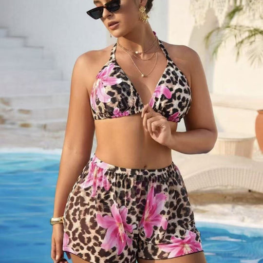 Damen Bikini-Set mit modischem Tiermuster und hoch taillierten Shorts R&B