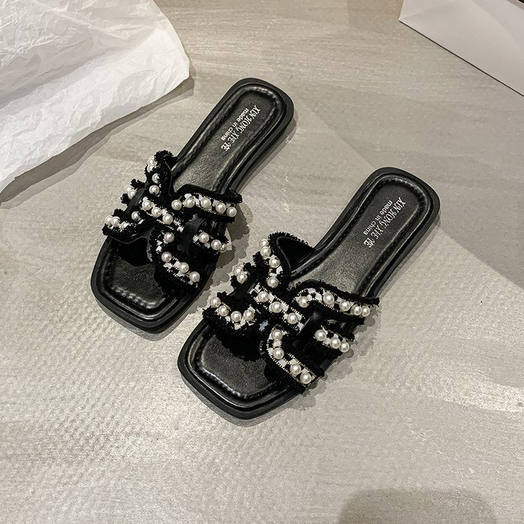 Damen elegante Mules mit Perlenverzierung R&B