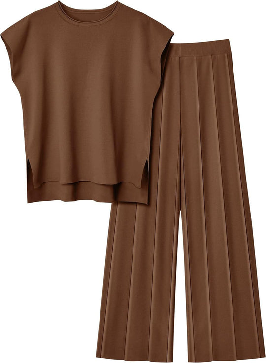Damen elegantes Set mit kurzärmligem Oberteil und plissierter Hose R&B