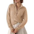 Damen Grobstrick Pullover mit Stehkragen und halbem Reißverschluss R&B
