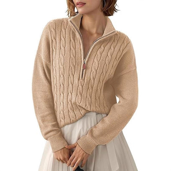 Damen Grobstrick Pullover mit Stehkragen und halbem Reißverschluss R&B