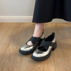 Damen Ballerina mit elastischen Kreuzriemen und modischem Blockabsatz