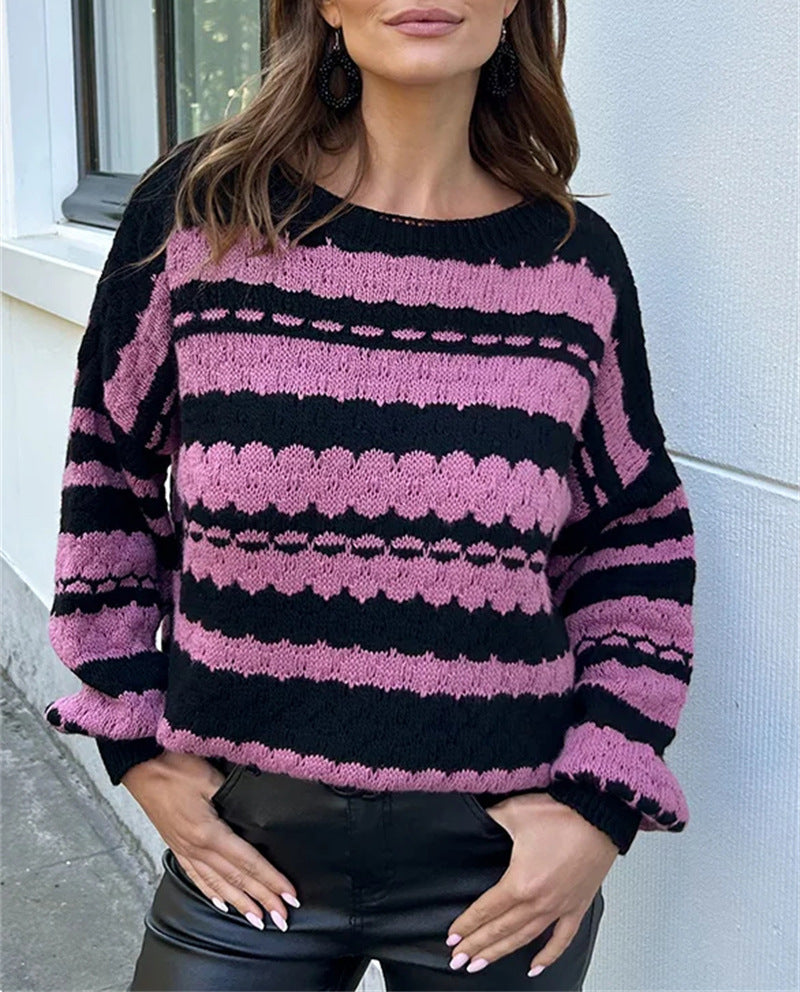 Damen gemütlicher Strickpullover mit modernem Zopfmuster und grafischen Akzenten R&B