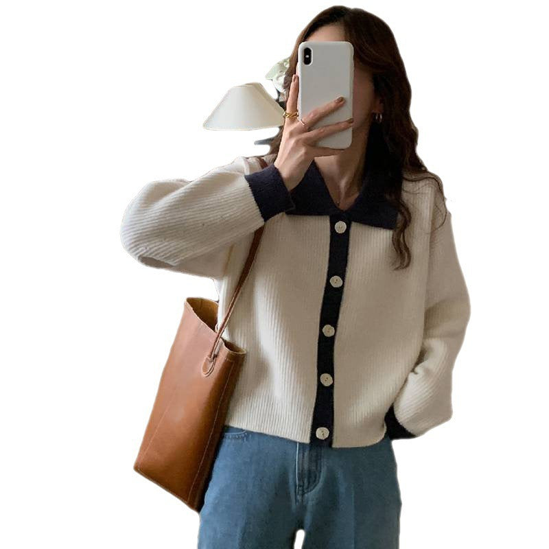Damen Übergrößen Strickjacke mit kontrastierenden Kragen und Knopfdetail R&B