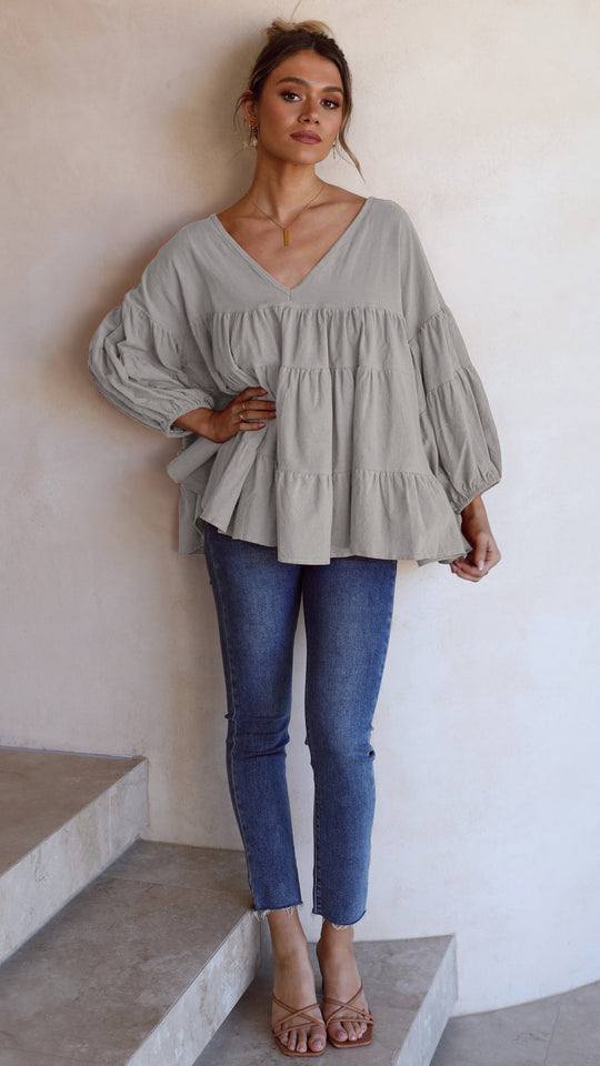 Damen Voluminöses Blusenshirt mit Rüschendetails und V-Ausschnitt R&B