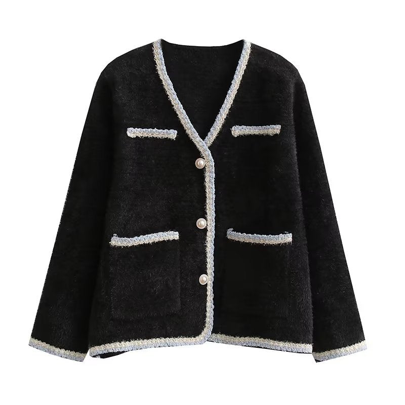 Damen elegante Strickjacke mit dekorativen Perlenknöpfen und praktischen Taschen R&B