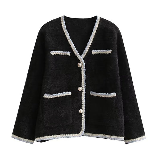 Damen elegante Strickjacke mit dekorativen Perlenknöpfen und praktischen Taschen R&B