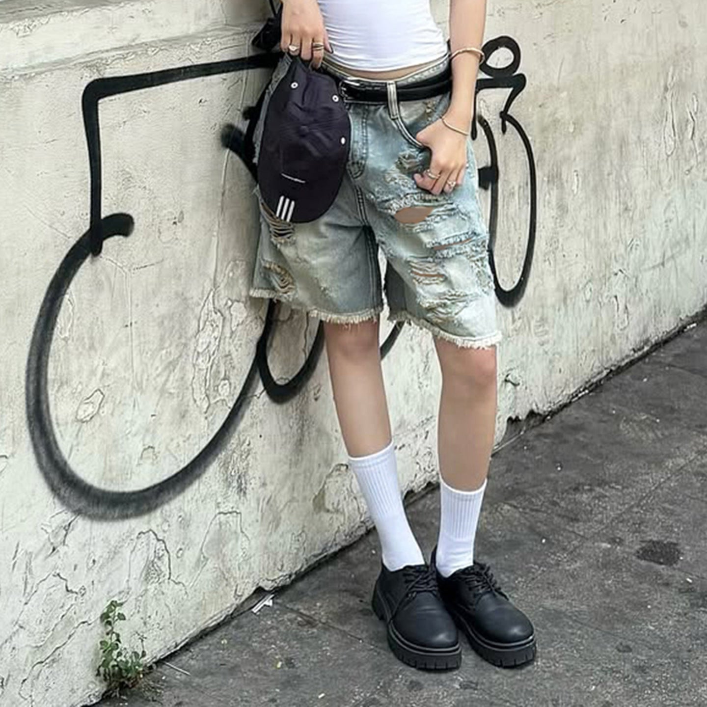 Damen Destroyed Denim-Shorts mit hohem Bund und ausgefransten Säumen R&B
