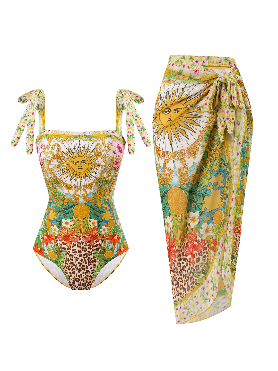 Damen Badeanzug mit floralem Design und transparentem Wickelrock R&B