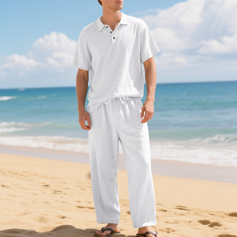 Herren nan luftiges Leinen-Ensemble mit Polokragen und regulierbarer Bundhose R&B