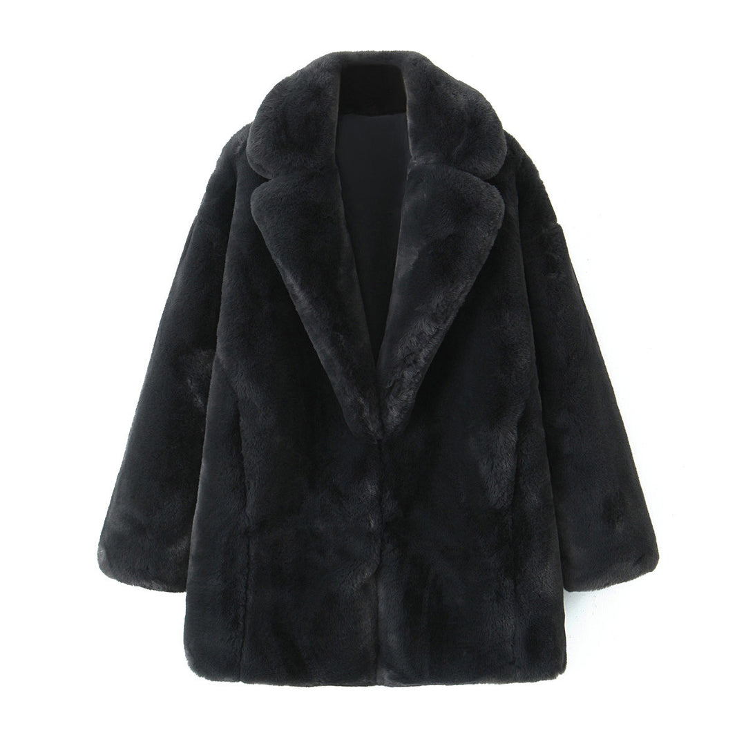 Damen Flauschiger Oversized-Kunstpelzmantel mit tiefem Revers R&B