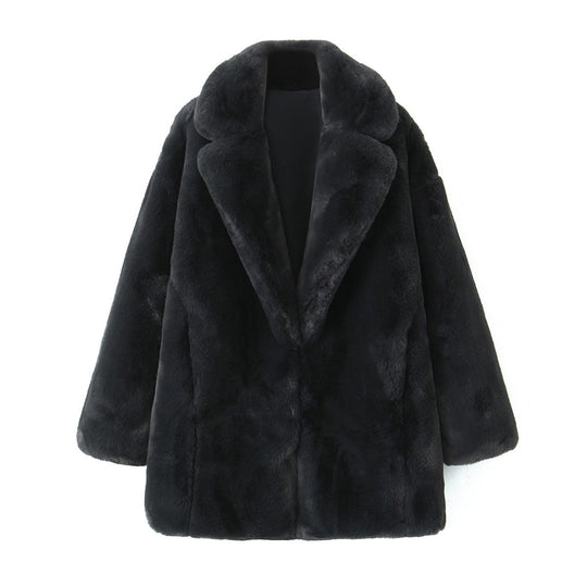Damen Flauschiger Oversized-Kunstpelzmantel mit tiefem Revers R&B