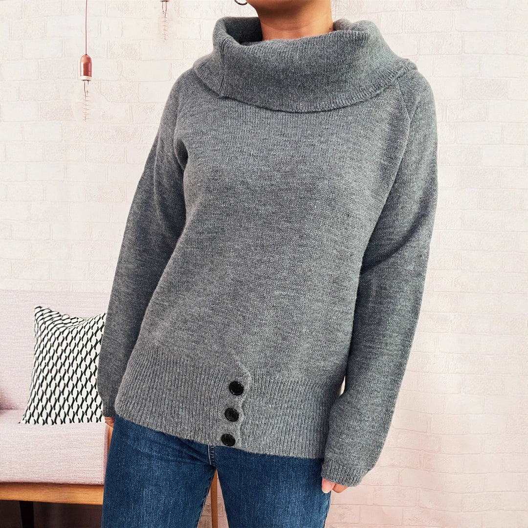 Damen Pullover mit weichem Kragen und dekorativen Knöpfen R&B
