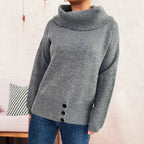 Damen Pullover mit weichem Kragen und dekorativen Knöpfen R&B