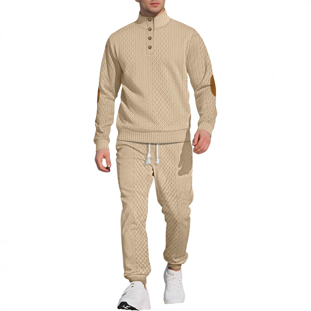 Herren nan strukturiertes Strick-Freizeitset mit Halbknopf-Stehkragen Wildleder-Ellbogenpatches und Kordelbund-Jogger R&B