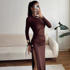 Damen elegantes, figurbetontes Kleid mit Raffungen und hohem Schlitz R&B