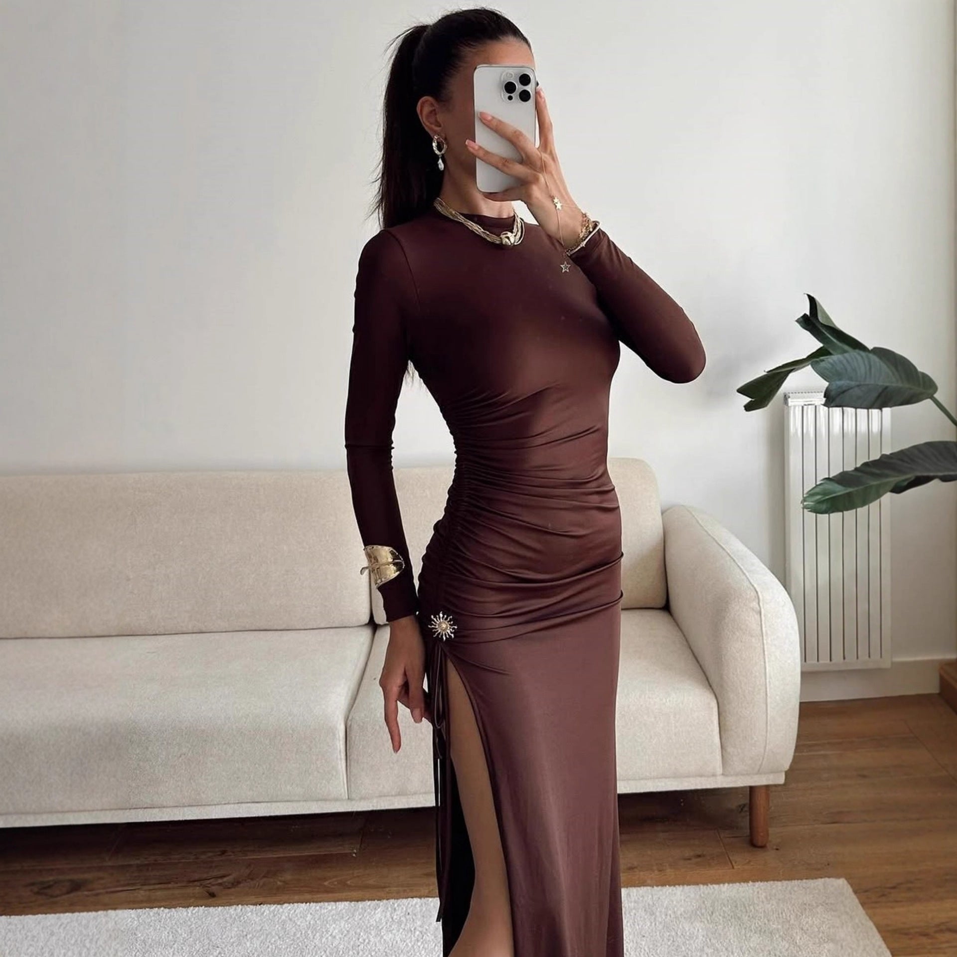 Damen elegantes, figurbetontes Kleid mit Raffungen und hohem Schlitz R&B