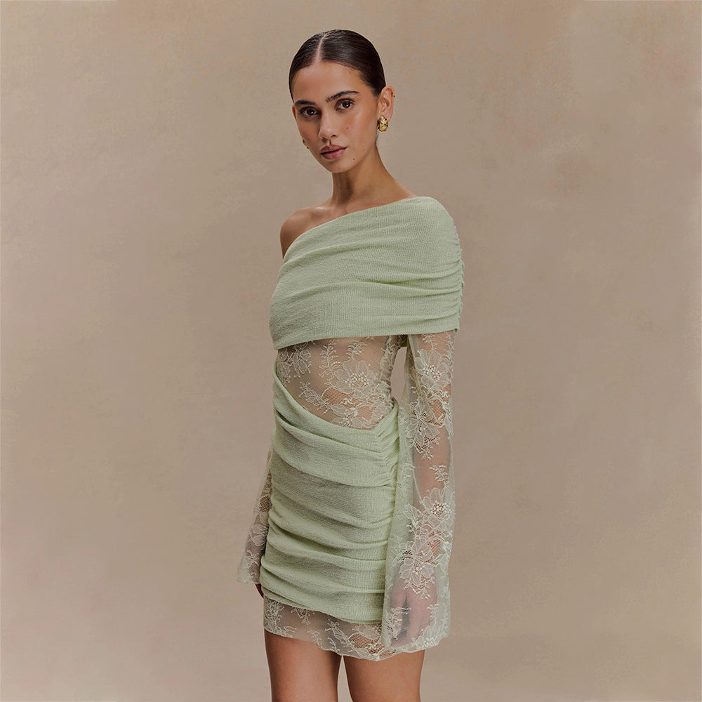 Damen elegantes Minikleid mit Spitzenärmeln R&B