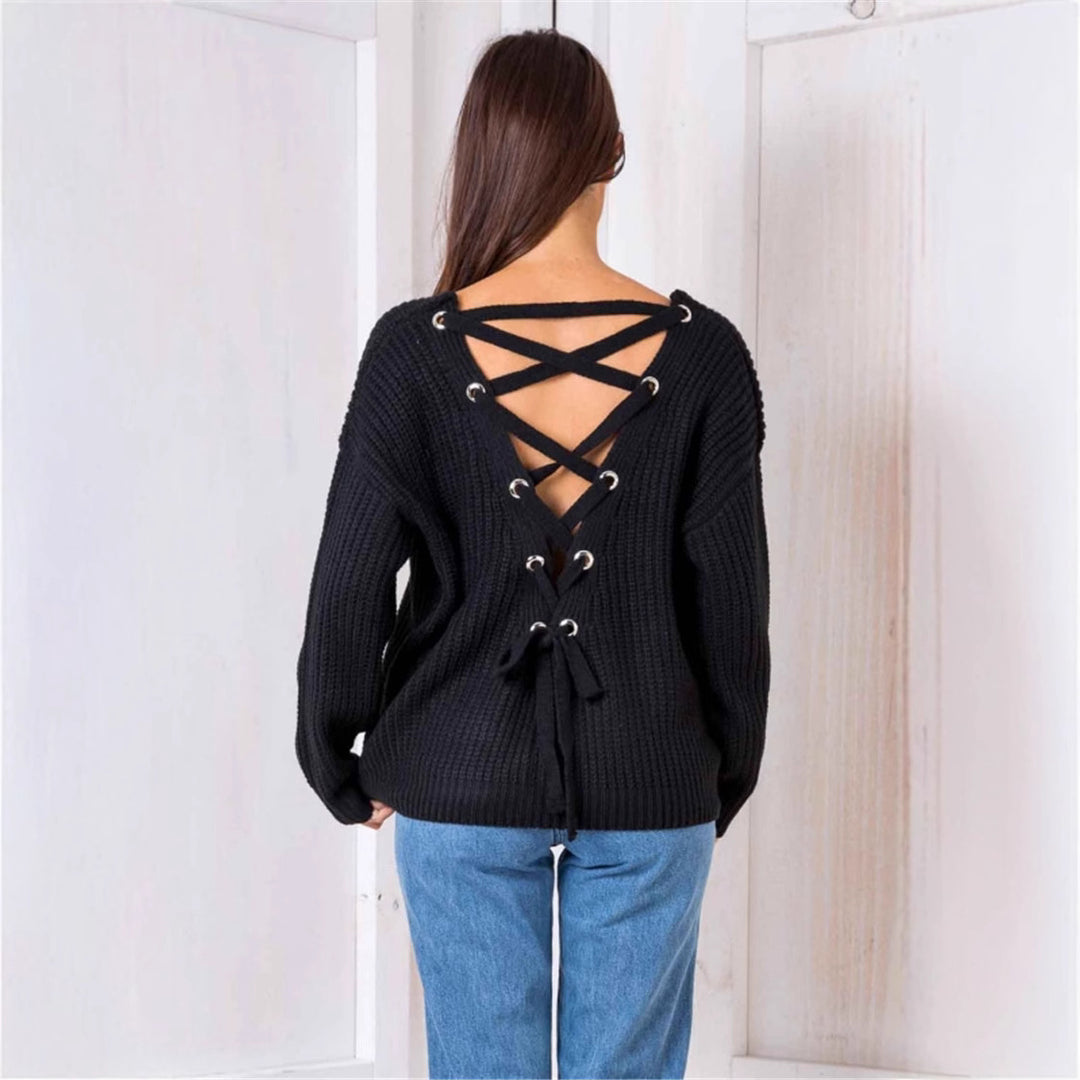 Damen Strickpullover mit dekorativem Rückenausschnitt und Schnürung R&B