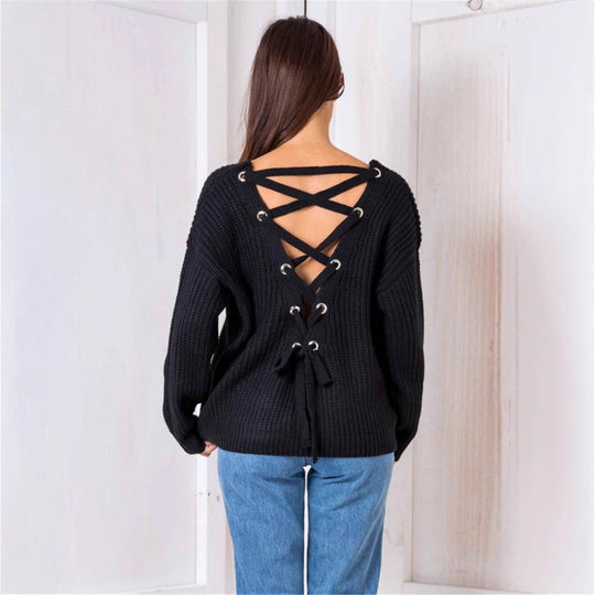 Damen Strickpullover mit dekorativem Rückenausschnitt und Schnürung R&B
