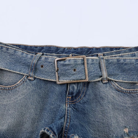 Damen modische Destroyed Denim-Shorts mit verstellbarem Gürtel R&B