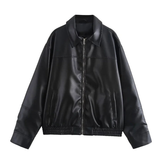 Damen modische Kunstlederjacke mit elastischem Bund R&B