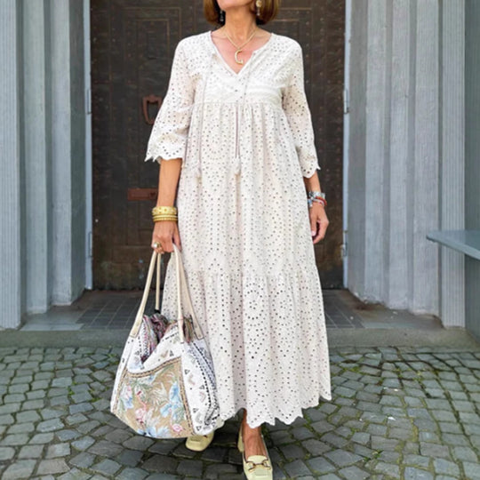 Damen nan fließendes Maxikleid mit Ajourstickerei, V-Ausschnitt, Unterbrustnaht und Volantrock R&B