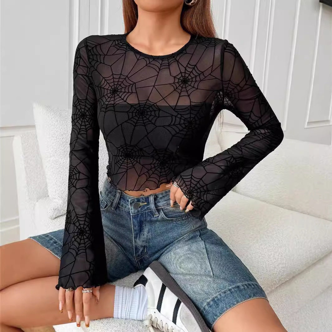 Damen Langärmliges Crop-Top mit Spinnennetz-Design R&B