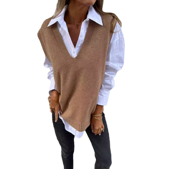 Damen lässiger Strickpullover mit V-Ausschnitt R&B