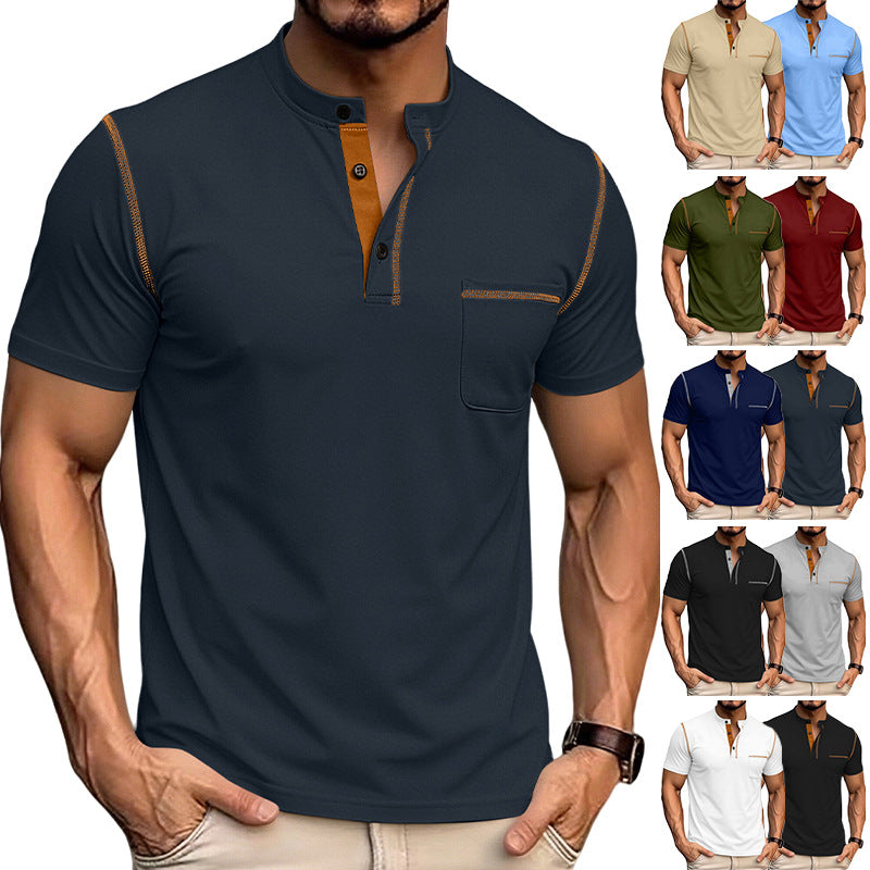 Herren nan kurzärmeliges Henley-Shirt mit Stehkragen, Brusttasche und kontrastierenden Ziernähten R&B