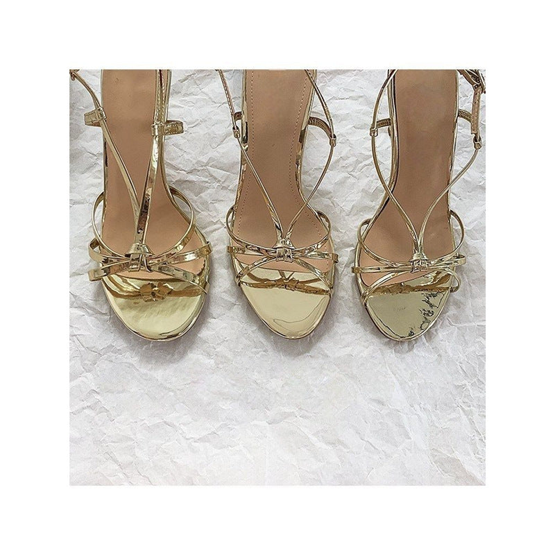 Damen elegante High Heel Sandalen mit feinen Riemchen und glitzerndem Detail R&B