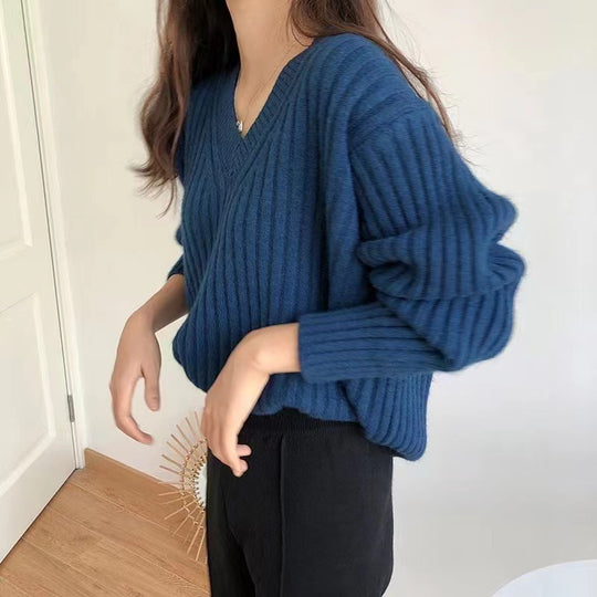 Damen Viskose-Strickpullover mit V-Ausschnitt und geripptem Design R&B