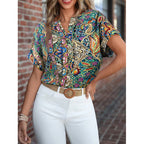 Damen Kurzarm Bluse mit buntem Druck und V-Ausschnitt R&B
