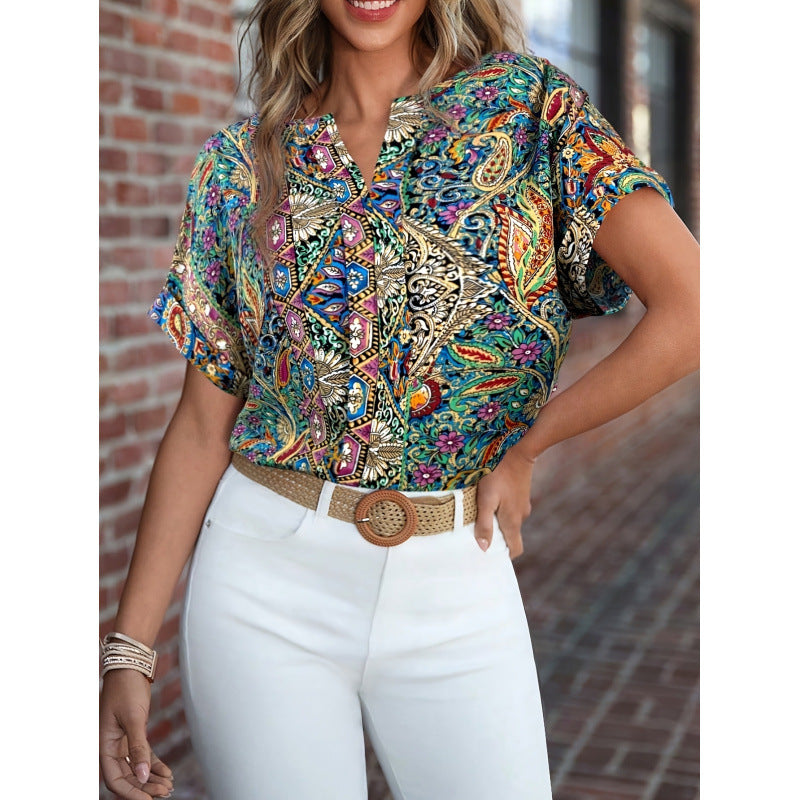 Damen Kurzarm Bluse mit buntem Druck und V-Ausschnitt R&B