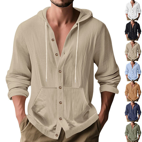 Herren nan knopfverschlossene Kapuzenhemdjacke aus leichtem Baumwollmix mit Kängurutasche R&B