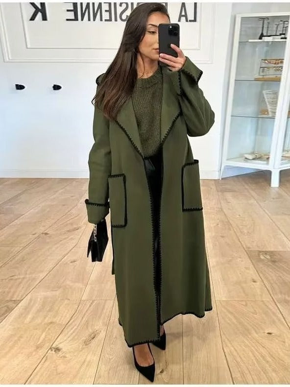 Damen eleganter Longcoat mit Bindegürtel und kontrastierenden Paspeln R&B