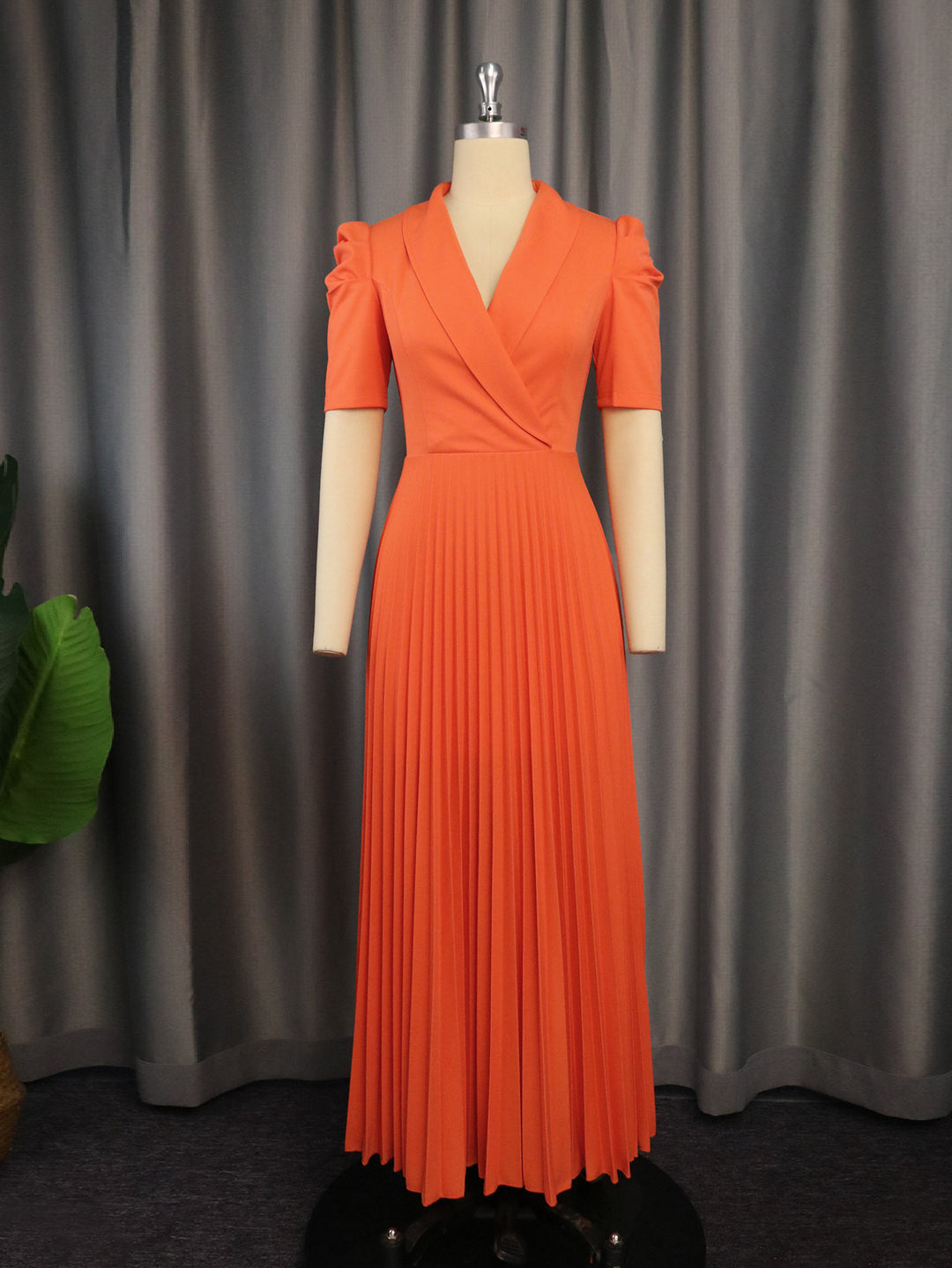 Damen elegantes Wickelkleid mit plissiertem Rock und Puffärmeln R&B