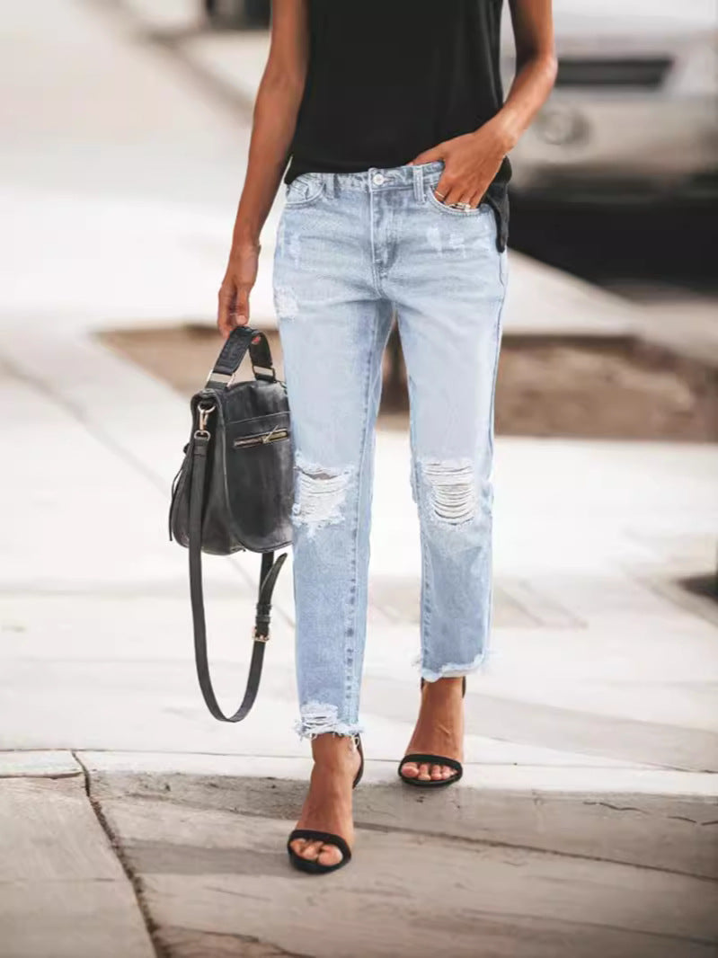 Damen Ripped Denim mit lässigem Schnitt und ausgefranstem Saum R&B