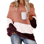 Damen lässiger Strickpullover mit weitem Ausschnitt und Farbblockdesign R&B