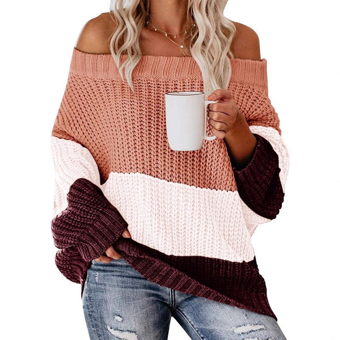 Damen lässiger Strickpullover mit weitem Ausschnitt und Farbblockdesign R&B