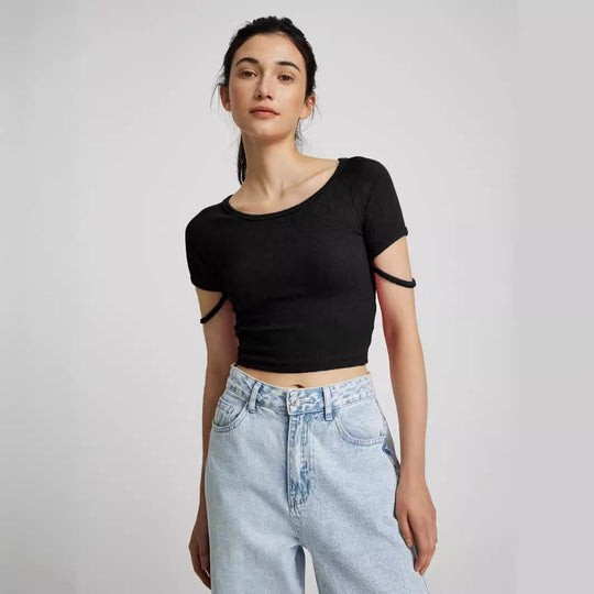 Damen kurzärmliges enganliegendes Crop-Top mit Rundhalsausschnitt R&B