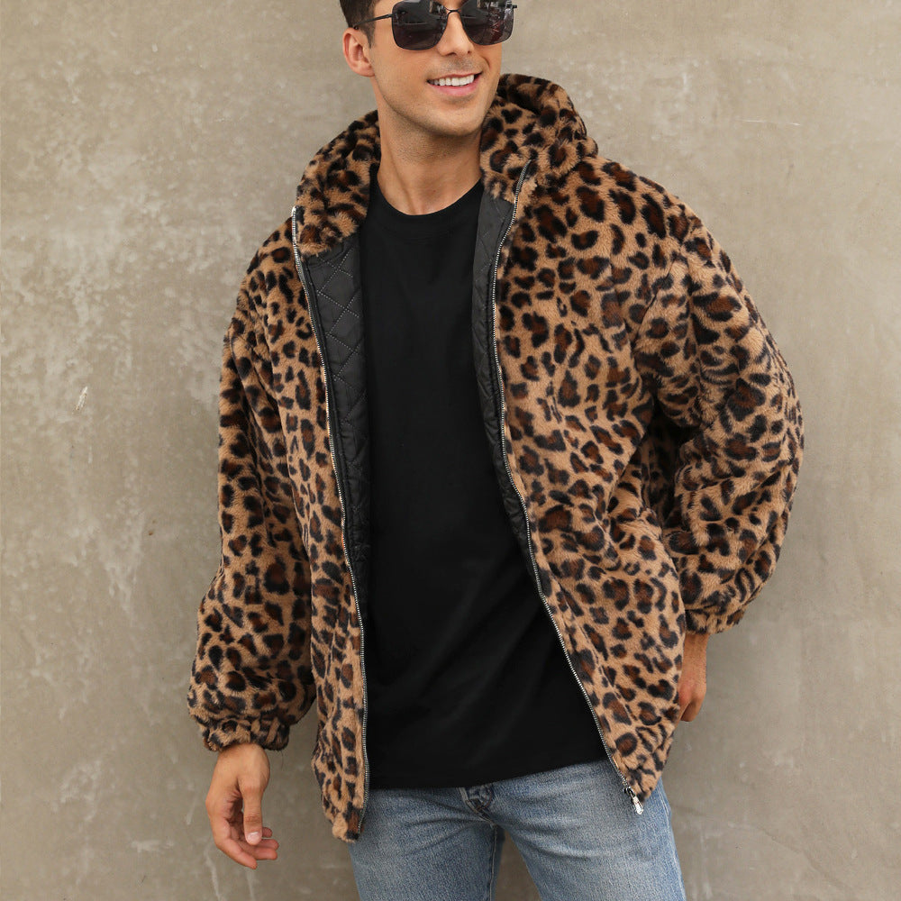 Herren kuschelige Fleecejacke im Leopardenmuster R&B
