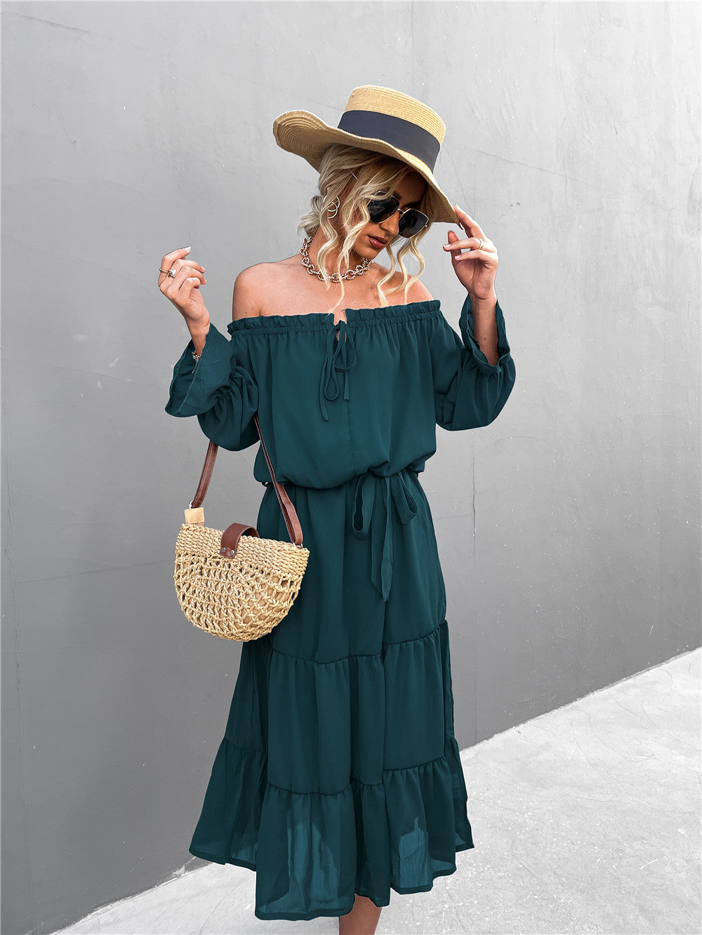 Damen lässiges Off-Shoulder Kleid mit Rüschensaum und Taillengürtel R&B