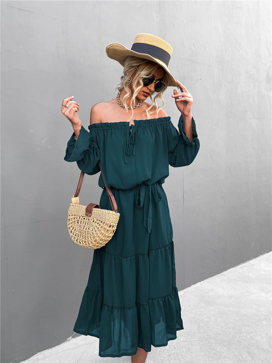 Damen lässiges Off-Shoulder Kleid mit Rüschensaum und Taillengürtel R&B