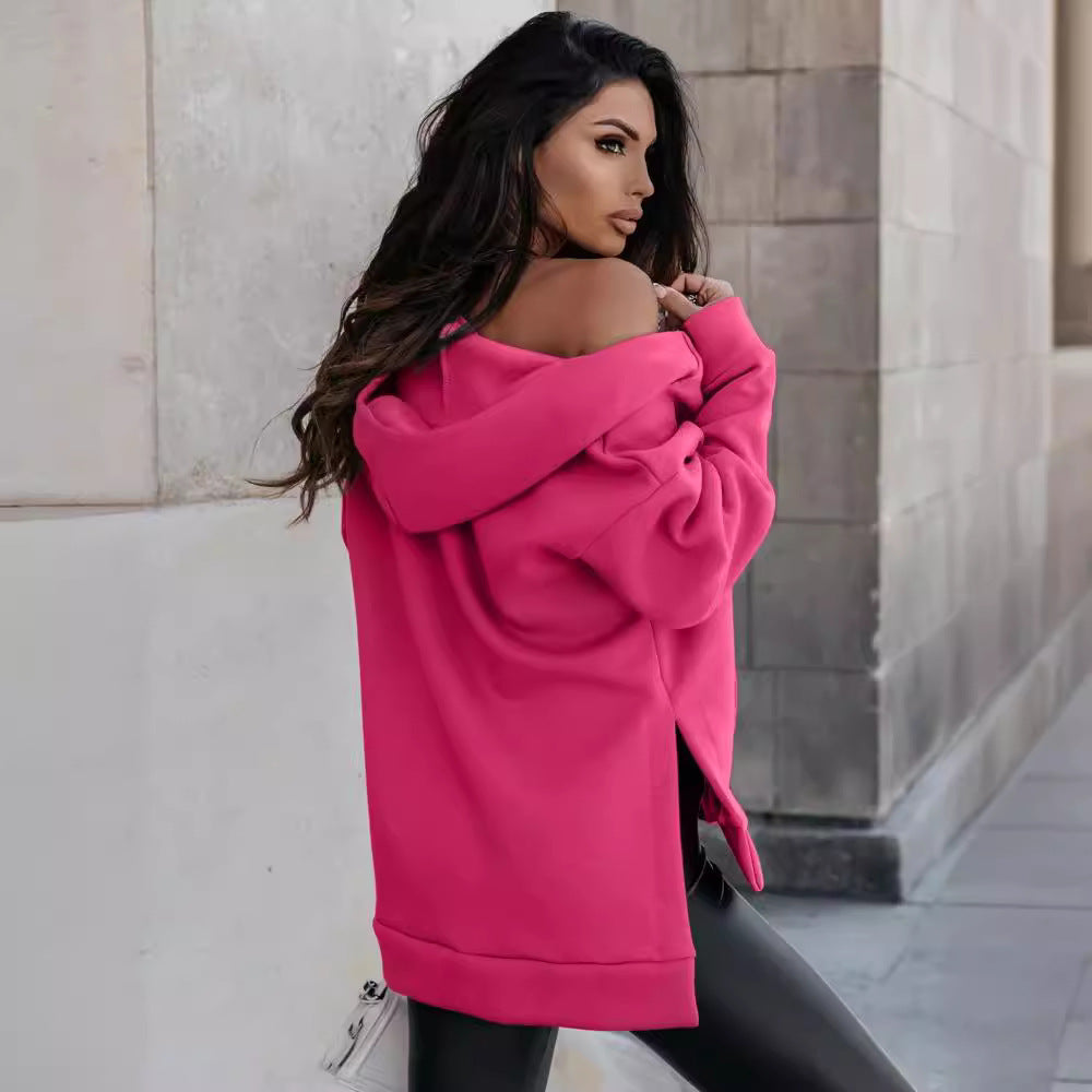 Damen Modischer Kapuzen-Zip-Hoodie mit praktischen Taschen und glänzendem Reißverschluss R&B