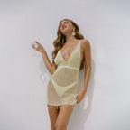 Damen Häkel-Strandkleid mit tiefem V-Ausschnitt und bunten Quasten R&B