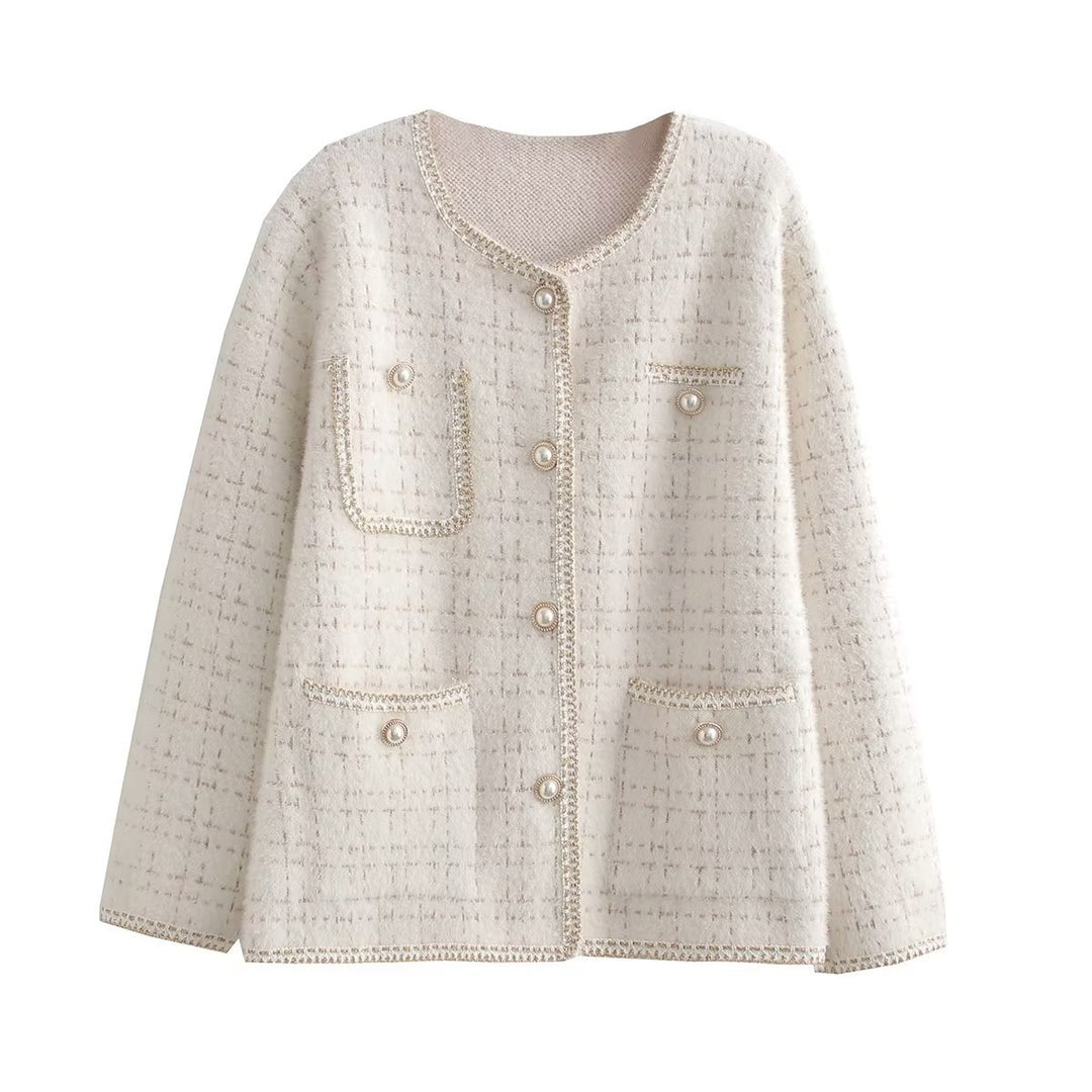 Damen Strukturierte Bouclé-Jacke mit dekorativen Perlen und Taschen R&B