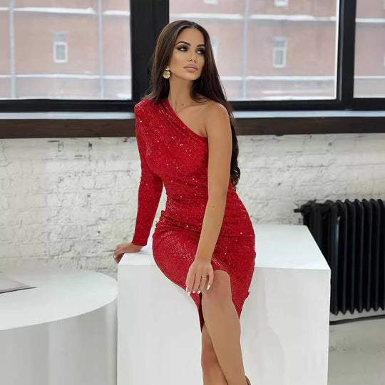Damen Glitzerndes Etuikleid mit asymmetrischem Ausschnitt und langem Arm R&B