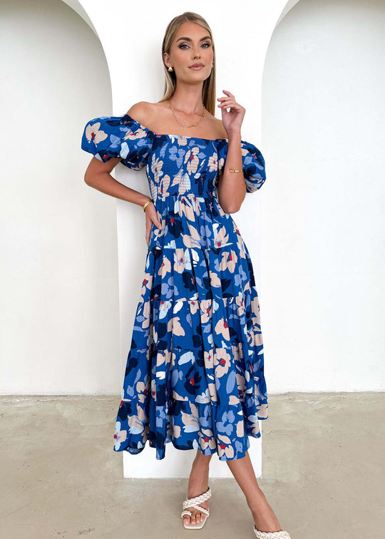 Damen Maxikleid mit Puffärmeln und floralem Smocking R&B