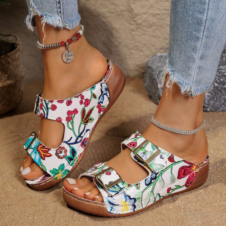 Damen komfortable Sandalen mit floralem Print und verstellbaren Riemen